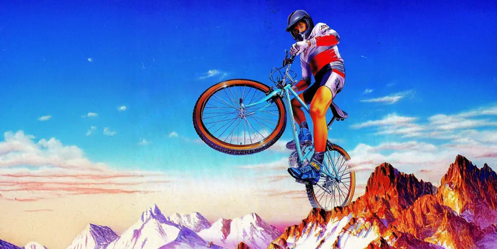 Illustration eines Mountainbikers in der Luft mit Bergen im Hintergrund 